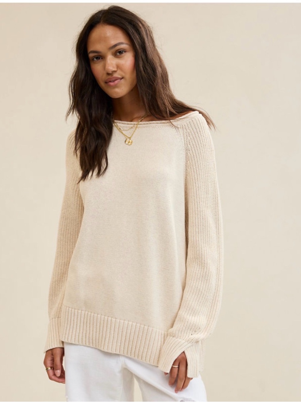 aerie Cream Ribbed Boatneck Sweater